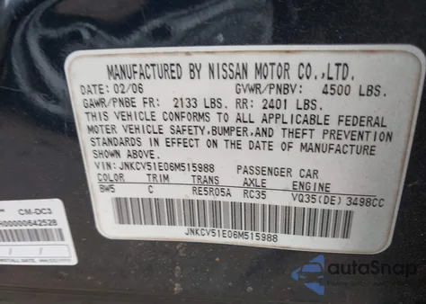 2006 Infiniti G35 из США, поврежденный, VIN JNKCV51E06M515988